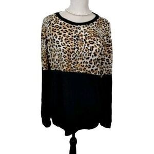Womens XL Pullover Top Black Leopard Print Long Sleeve Crew Neck